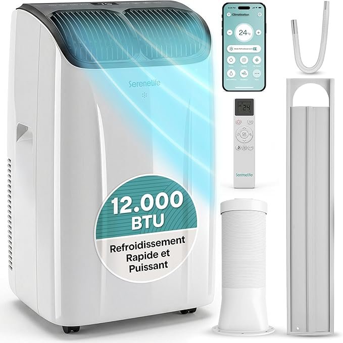 9-2 SereneLife Climatiseur Portable 12 000 BTU – Clim Mobile 4 en 1 Silencieuse avec WiFi – Image 1